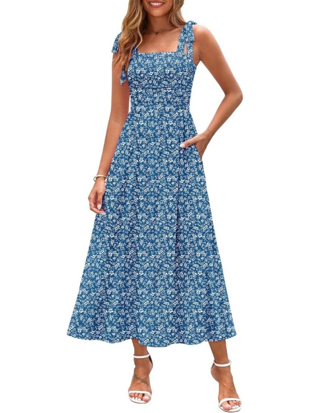 🆕 Women's Navy Blue Flower Floral Sleeveless Square Neck With Pocket Maxi Dress